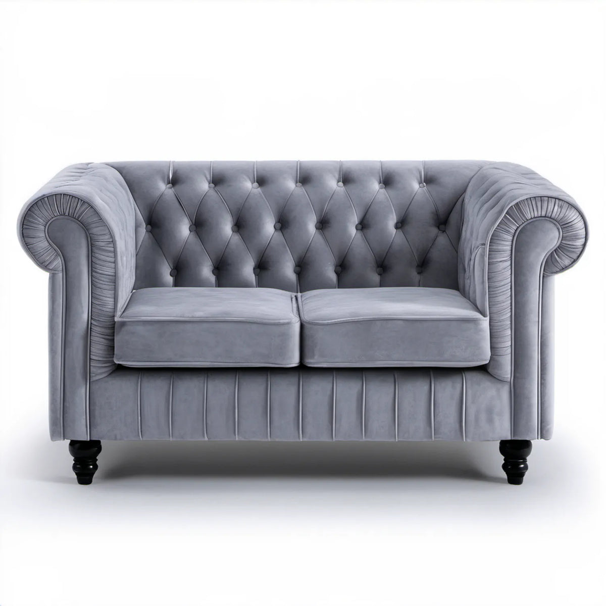 Dwuosobowa sofa Chesterfield szara z czarnymi nóżkami, aksamitna, 170 × 90 × 75 cm