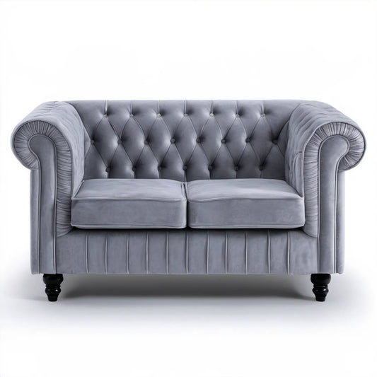 Dwuosobowa sofa Chesterfield szara z czarnymi nóżkami, aksamitna, 170 × 90 × 75 cm