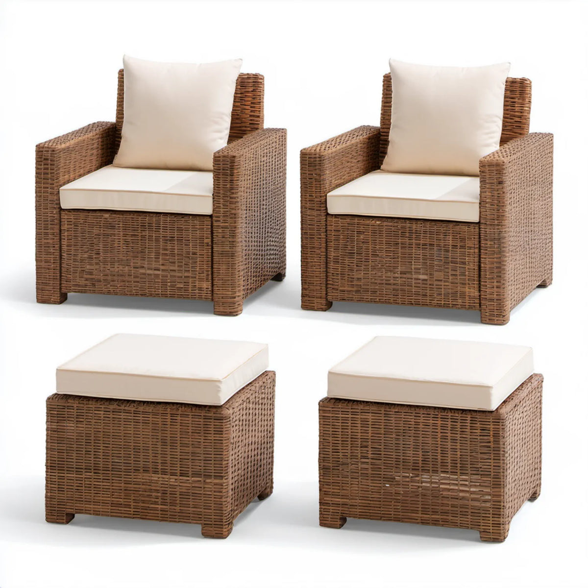 Zestaw 2 foteli ogrodowych i 2 puf z technorattanu, brązowo-kremowy, fotele 70 x 70 x 80 cm, pufy 60 x 60 x 36 cm