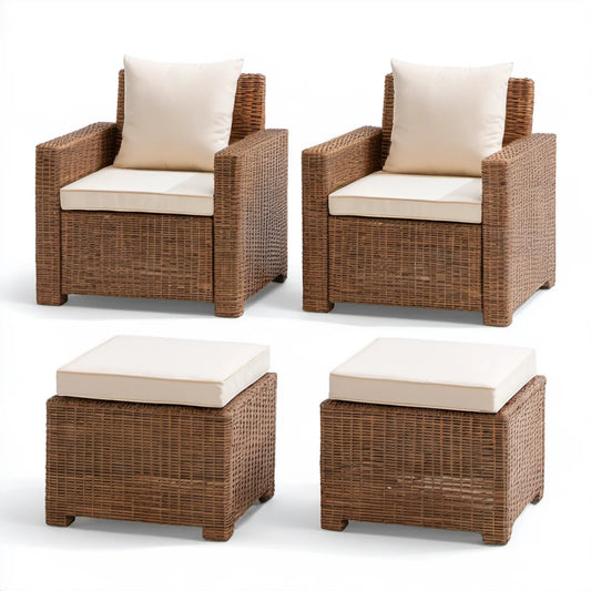 Zestaw 2 foteli ogrodowych i 2 puf z technorattanu, brązowo-kremowy, fotele 70 x 70 x 80 cm, pufy 60 x 60 x 36 cm