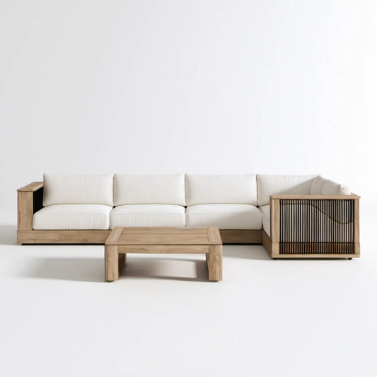 Zestaw ogrodowy: sofa 3-osobowa 300 x 80 x 70 cm ze stolikiem 120 x 60 x 40 cm, biały/naturalny brąz/czarny