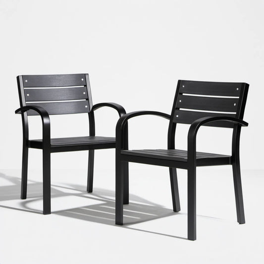 Zestaw 2 czarnych krzeseł ogrodowych z podłokietnikami 58 x 61 x 88 cm, stal i HDPE